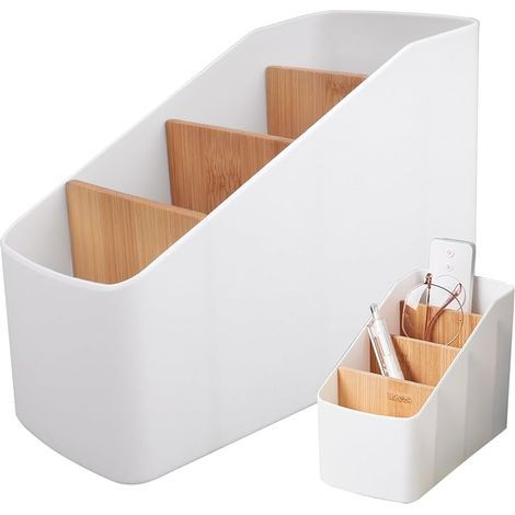 Shuqio Support de Télécommande, Boîte De Rangement De Bureau avec 4 Poches, Amovible Télécommande Compartiments Boîte De Rangement en Bois pour Télécommandes, Papeterie, Stylos (1/5)