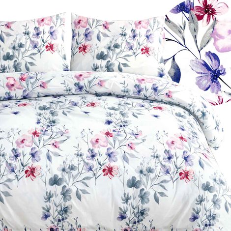Baumwollbettwäsche 180x200 Satin BAUMWOLL-Blumensträuße lila und graue Rosen (1/5)