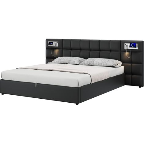 Lit rembourré 180 x 200 cm, lit hydraulique, avec port USB, charge sans fil et lampe éclairée, avec espace de rangement, pour adultes et adolescents, soutien à lattes en bois, montage facile, PU, noir (1/5)