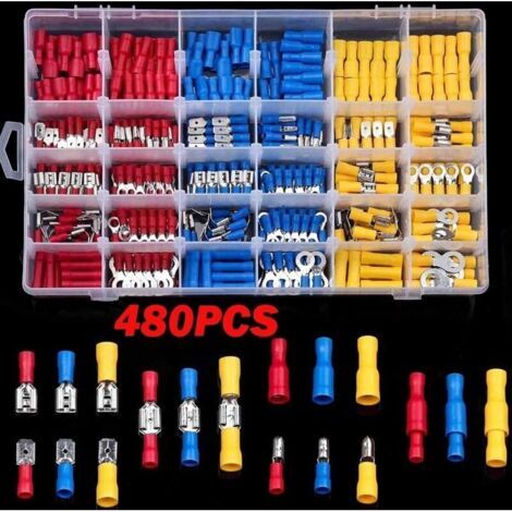 Kit de 480 connecteurs de fils isolés, cosses à sertir assorties, déconnexion rapide, cosses à anneau, cosses à fourche et cosses arrière (1/4)