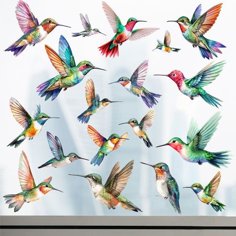 Lot de 2 autocollants de printemps pour fenêtres et portes, motif colibri aquarelle, sans colle, effet statique, réutilisables. (1/4)