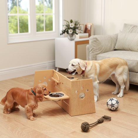 Gamelle chien surélevée de 3 hauteurs ajustables gamelle pour chien 2 bols acier inoxydable 63 x 58.5 x 40 cm chêne