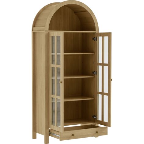 Vitrina arqueada con puertas de acrílico y cajón, MDF natural, 75 x 35 x 170,5 cm (1/5)