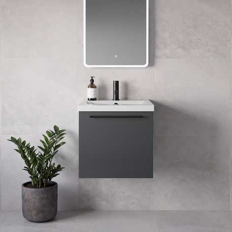 Napoli 390 Gloss Grey 500mm Wall Mounted Single Drawer Vanity Unit with Glide Basin - 500mm - Matt Black 320mm Handle