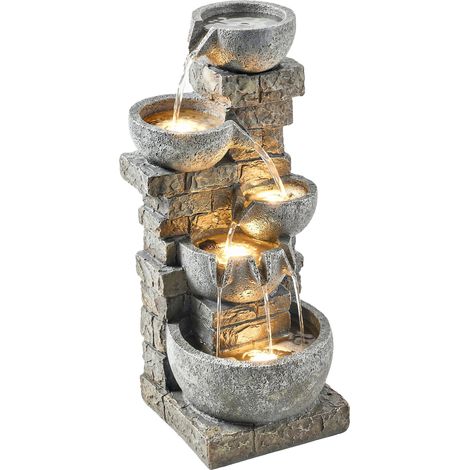 Fontaine d'extérieur en résine, fontaine de jardin à cinq niveaux avec éclairage LED, pompe, aspect pierre, 34 x 36 x 80 cm (1/5)