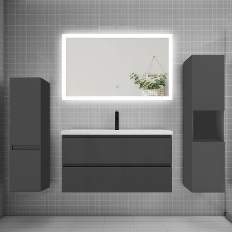 Ensemble meuble de salle de bains 100cm, simple vasque et colonne et LED miroir rectangulaire,anthracite (1/5)