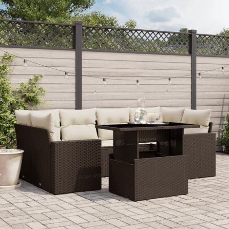 Ensemble Salon Jardin 7 Places Marron Résine Tressée avec Table Réglable et Coussins Crème (1/5)