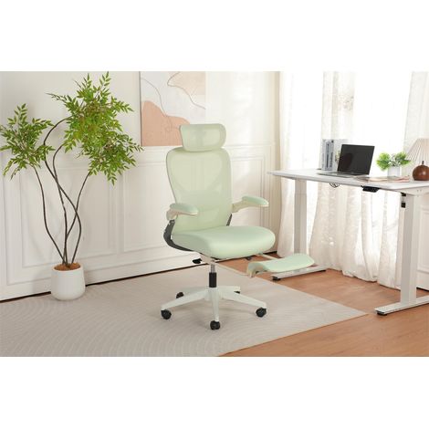 Chaise de Bureau Ergonomique Pliable - 62x48.5x129cm - Fauteuil Dossier Maille et Assise en Mousse avec Repose-Pieds - Vert (1/5)