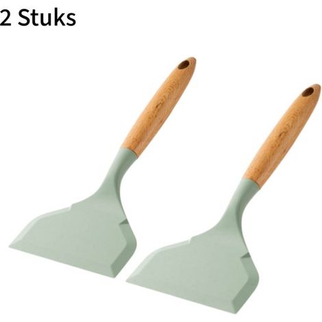 pièces - Spatule de cuisine en bois et silicone - Anti-rayures pour revêtements antiadhésifs - Pour tamagoyaki - Résistante à la chaleur - Poignée antidérapante - Verte (1/5)