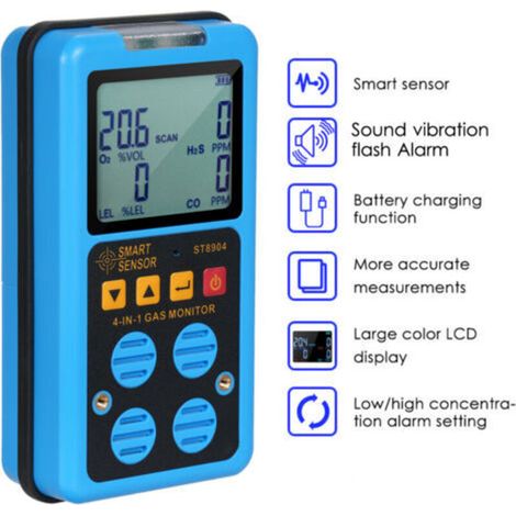 SMART SENSOR Moniteur de gaz 4 en 1 Détecteur portable rechargeable H₂S O₂ CO et LEL Renifleur multi-professionnel avec écran LCD Mode d'alarme Flash de vibration sonore (1/5)