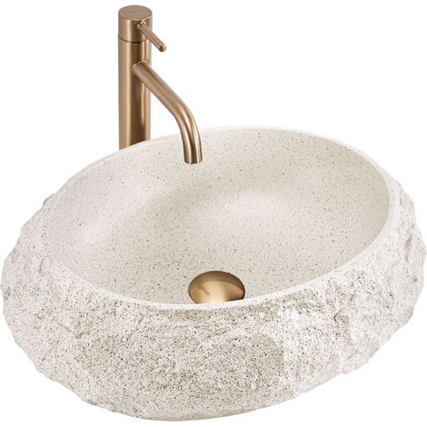 REA – Vasque à poser en pierre artificielle beige – Surface texturée imitant la pierre – Résistante aux chocs et à l'humidité – Nettoyage facile