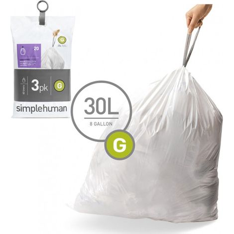 simplehuman CW0257 sacchi spazzatura, sacchetti su misura codice G, bianchi, 3 x confezione da 20 (60 sacchetti)