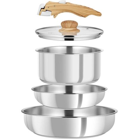 7-teiliges Edelstahl Topf- & Pfannenset mit abnehmbarem Griff, Induktion