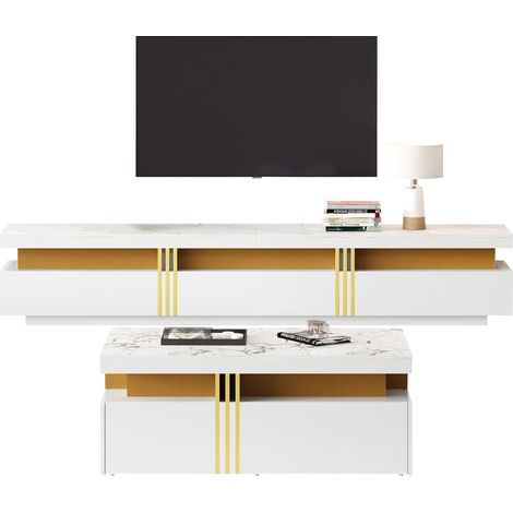 Set de mueble TV blanco con mesa de centro, tablero de partículas, estilo moderno (1/5)