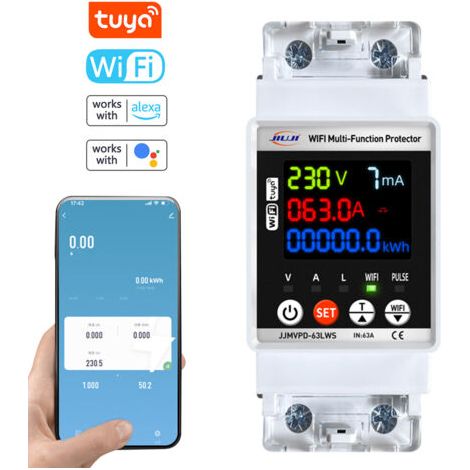 BUNTHAUS Disjoncteur intelligent monophasé à réenclenchement automatique Tuya WiFi avec affichage numérique, tension réglable et protection contre les fuites de courant. Compteur d'énergie en kilo (1/5)