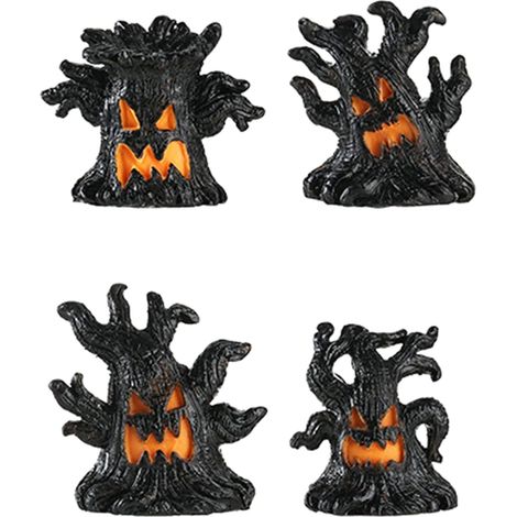 Lot de 4 figurines arbres fantastiques Halloween en résine avec LED et visages lumineux, décoration table, étagère et intérieur (1/5)