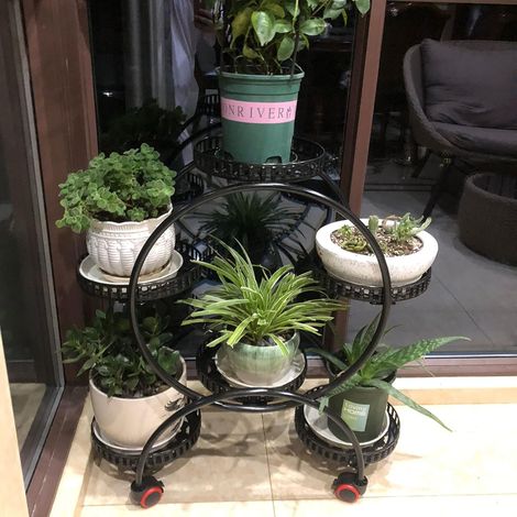 4-stöckige Schmiedeeisen-Blumenhalter, Metallpflanzenständer mit Rädern, kreativer, offener Design-Pflanzenständer, Wohnzimmer, Balkon, Innenhof, Büro, Garten (schwarz)