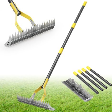 Râteau de chaume de jardin robuste avec 19 dents en acier de 140 cm, 38 cm de large, outil de scarificateur manuel pour scarifier la pelouse, enlever la mousse et l'herbe, niveler le sol (1/5)