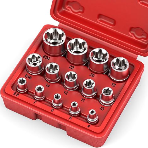 Coffret de 14 douilles E - Douilles femelles, douilles étoile ultimes, E4 E5 E6 E7 E8 E10 E11 E12 E14 E16 E18 E20 E22 E24 (1/4)