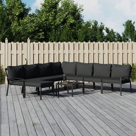 Salon de jardin 9 pièces en acier noir avec coussins gris pour terrasse - PANGIVO (1/5)