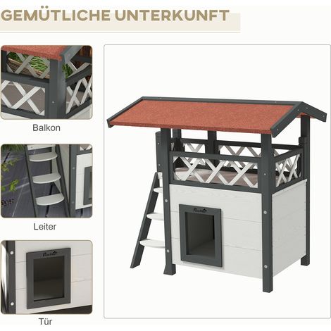 Niche isolée pour chat, refuge extérieur avec toiture bitumée, étagère double niveau, échelle incluse, couleur blanc et rouge (1/4)