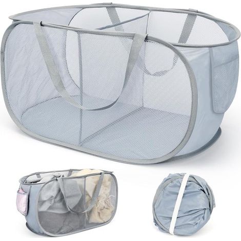 Panier à linge pliable à 2 compartiments – Pliable et robuste – Poche de rangement pratique – Gain de place – 58,4 x 36,1 x 36,1 cm – Gris (1/5)