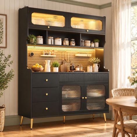 Hoher Küchen- und Wohnzimmerschrank mit LED und App-Steuerung, 145 x 39 x 171 cm, Schwarz (1/5)