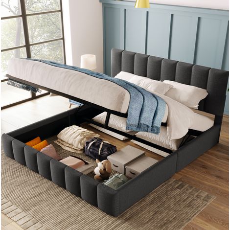 DESVIAE Lit double rembourré avec rangement 140 x 200 cm tête de lit réglable sommier à lattes en métal revêtement en lin gris (1/5)