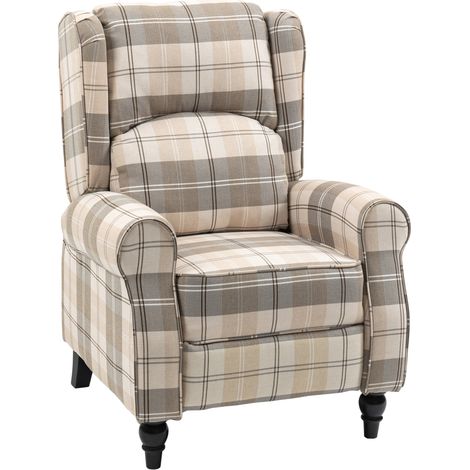 Wingback Recliner Armchair for Living Room, Pushback Reclining Chair with Round Armrests, Footrest and Rubber Wood Legs, Khaki