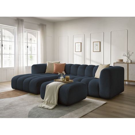 BOBOCHIC - Canapé d'angle fixe TALIA tissu bouclette avec pouf Angle gauche Bleu foncé (1/5)