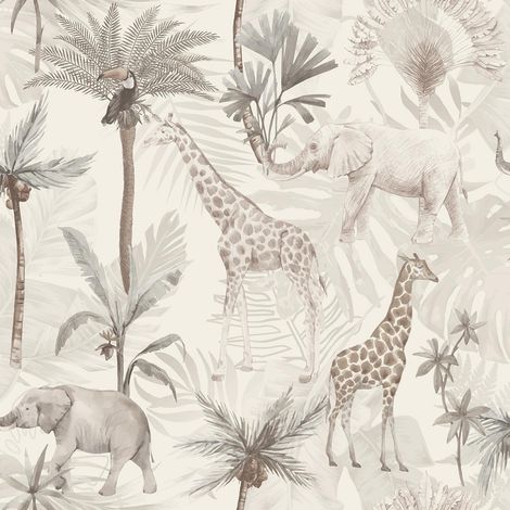 Arthouse Serengeti Animals Neutral Wallpaper Palm Trees Naturistic Feature Wall (1/4)