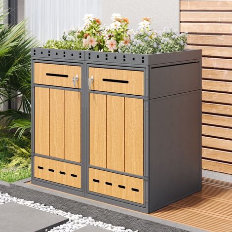 Cache-poubelle extérieur double compartiment avec bac à plantes, acier, gris et effet bois DESVIAE (1/5)