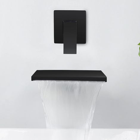 Robinet Mural Cascade Pour Salle de Bain - Mitigeur Lavabo Encastré en Laiton Avec Bec Extra Large 20 cm, Noir 4M3OK (1/5)