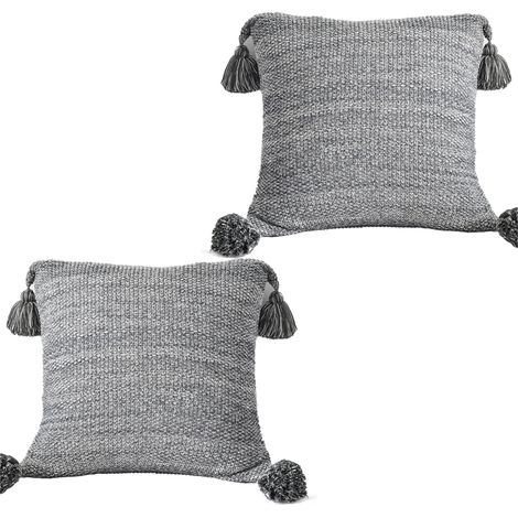 Lot de 2 housses de coussin décoratives à pompons faites main pour canapé, lit ou salon (1/4)