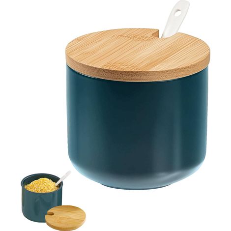 Salière en céramique avec couvercle en bois et cuillère, salière avec couvercle en vert émeraude, récipient à sel pour cuisine et table, pot à sel avec cuillère (1/5)