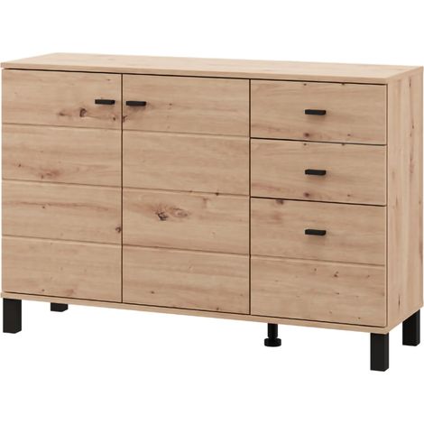 Sideboard Guatav, Anrichte 3 Schubladen, 2 Böden, Türöffnung, Schiebetür, 116x35x78h cm Braun Eichenholz