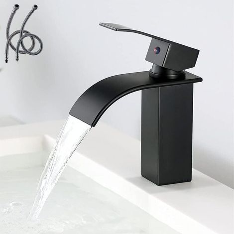 Rubinetto per bagno moderno a cascata nero ALOVEZ, design elegante, miscelatore per bagno in ottone, acqua calda e fredda disponibile, rubinetto a cascata nero, antiossidante (1/4)