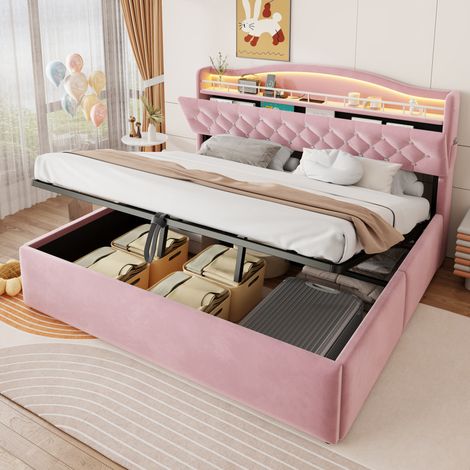 Letto contenitore 180x200 cm rosa in velluto e metallo con LED, prese USB e testiera con vani (1/5)