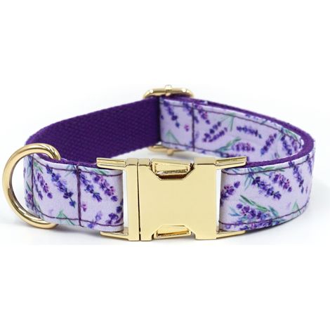 Collier de chien ajustable XL motif floral violet lavande boucle dorée (1/2)
