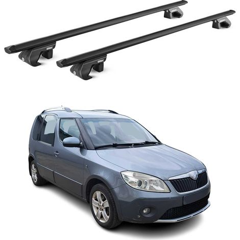 OMAC Dachträger Aluminium TÜV geprüft für Skoda Roomster / Praktik / Scout 2006-2015 – Für Standard Dachreling – T Nut – Max 90 kg – 2 Schlösser Schwarz (1/5)