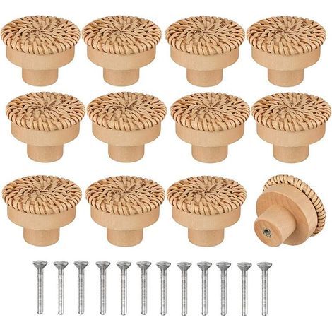 Lot de 12 boutons de commode ronds en rotin de style bohème - Fabriqués à la main - Avec vis - Pour meubles en bois - Pour commode, tiroirs, armoire (1/5)