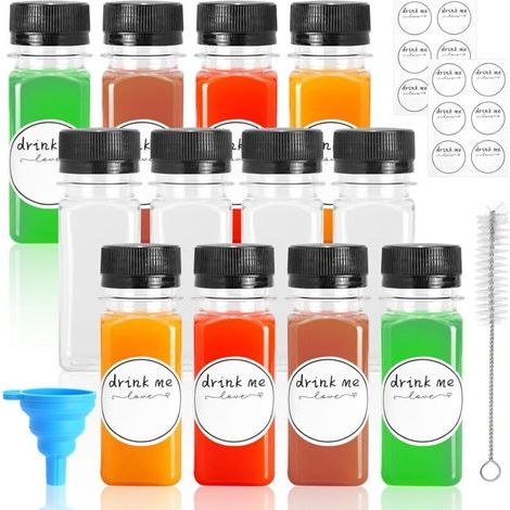 12 Bouteilles shot, 60 ml, PET sans BPA, bouchon étanche, avec entonnoir, brosse, étiquettes, pour jus, smoothie, voyage (1/5)