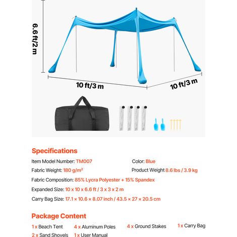VEVOR Beach Tent Sun Shelter, UPF50+ Sun Protection, 6.6 ft Tall, 10x10 ft, Easy Pop Up Beach Canopy with 4 Sandbags, Stability Poles, Sand Shovels, Portable Shade for Family Outings, Camping, Fishing (1/4)