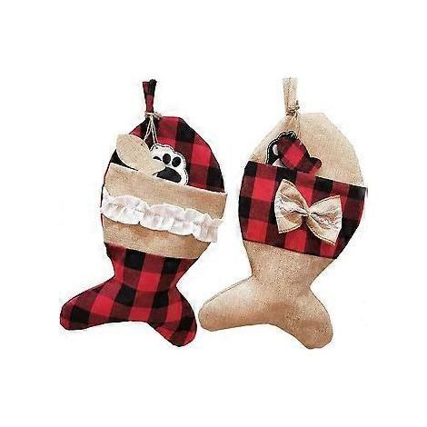 Set of 2 checkered burlap Christmas stockings to hang on the tree or fireplace (fish). (1/5)