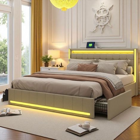 Letto matrimoniale 140x200 - letto con cassetto imbottito in lino beige - LED RGB integrato - 4 cassetti in metallo - USB-A/Type-C