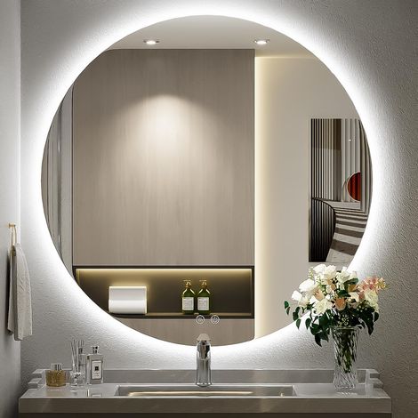 Espejo de baño redondo de 70 cm con iluminación LED, 3 modos de luz, regulable y antivaho.