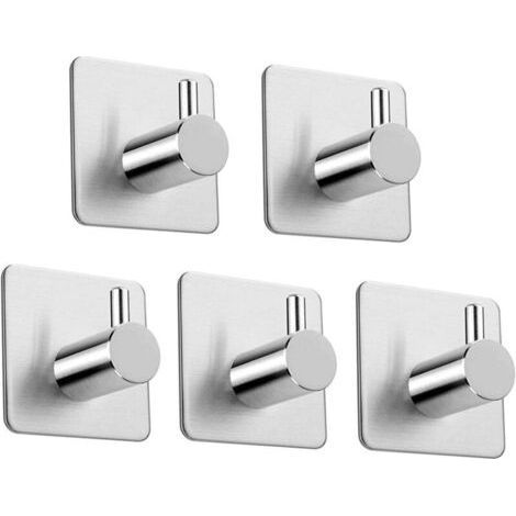 Set of 5 stainless steel adhesive towel hooks, for bathroom and kitchen. No-drill installation. Self-adhesive wall-mounted towel rack, silver color. (1/5)