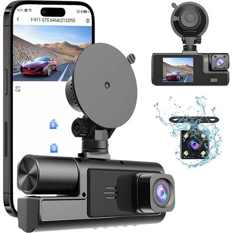 Cámara de tablero frontal e interior de 3 canales 1080P con DVR WiFi, monitor de estacionamiento, detección de movimiento, sensor G, grabación en bucle, visión nocturna excelente, gran angular (1/5)