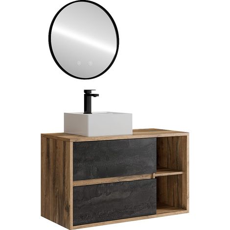 Meuble de salle de bain suspendu avec vasque carrée, robinet et miroir - Coloris naturel et anthracite - 100 cm - TIKITIKI (1/4)