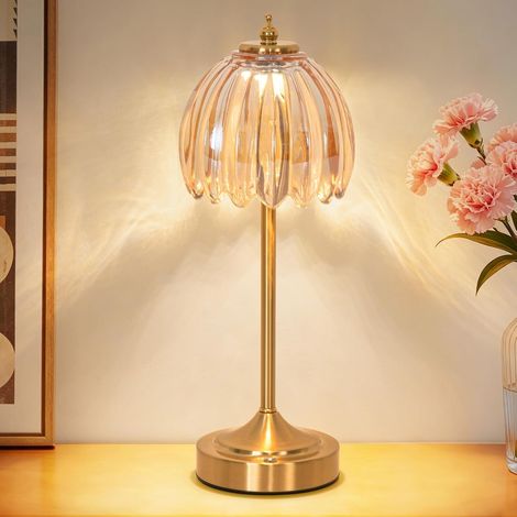 Vintage-LED-Nachttischlampe, dimmbar, 3-Farben-Licht, kabellos, mit Retro-Tulpen-Glasschirm, USB-wiederaufladbarer Akku (1/5)